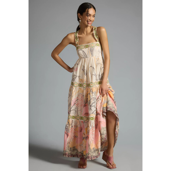Anthropologie Square Neck Embroidered Maxi Dress XS Boho - Picture 1 of 13